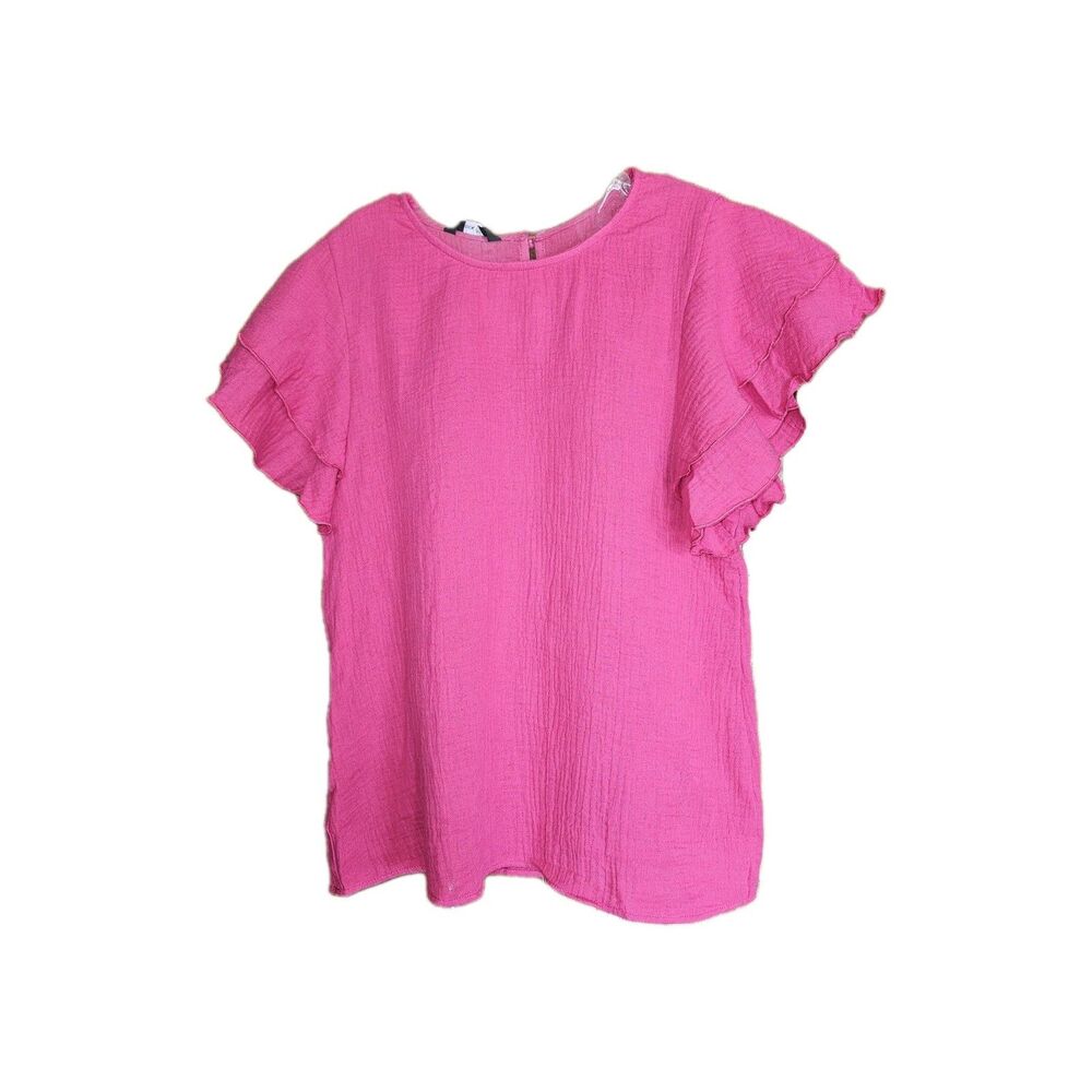 Dokotoo NWT Fushia Pink Ruffle Sleeve Cotton Blouse Womens Medium Rose Flutter
